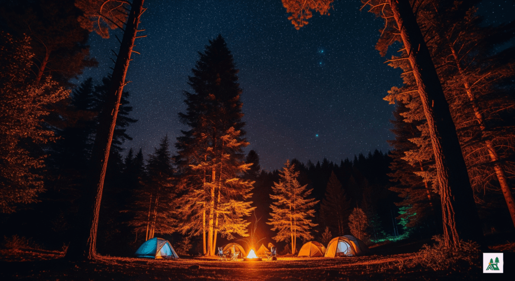 Camping at night with tent light glowing in the dark forest