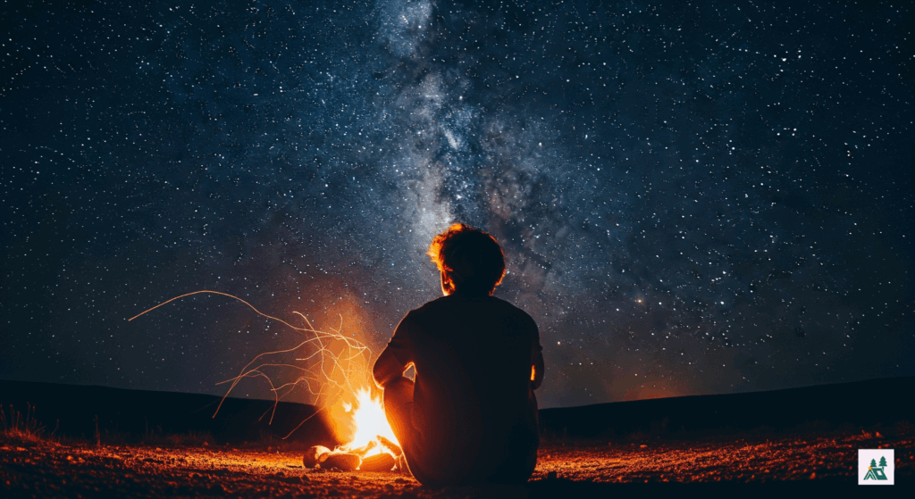 Starry night sky over solo campsite in the forest
